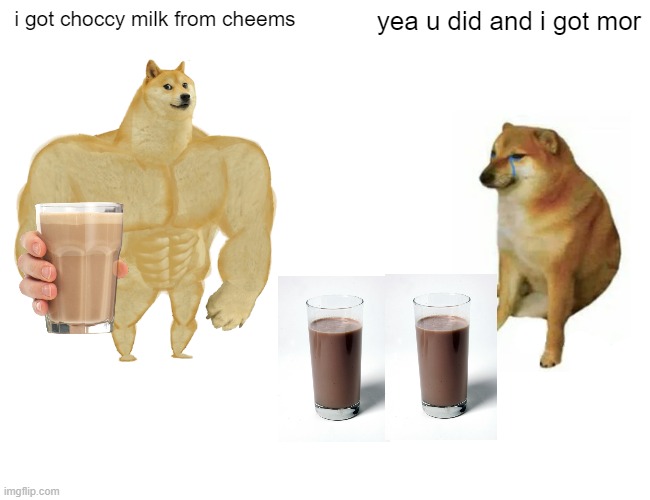 Buff Doge vs. Cheems | i got choccy milk from cheems; yea u did and i got mor | image tagged in memes,buff doge vs cheems | made w/ Imgflip meme maker