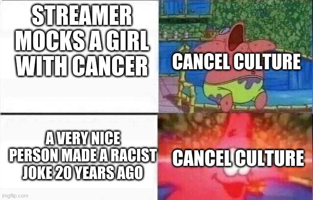 What a wonderful world we live in | STREAMER MOCKS A GIRL WITH CANCER; CANCEL CULTURE; A VERY NICE PERSON MADE A RACIST JOKE 20 YEARS AGO; CANCEL CULTURE | image tagged in patrick sleeps | made w/ Imgflip meme maker