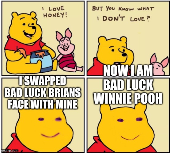 bad luck pooh | NOW I AM BAD LUCK WINNIE POOH; I SWAPPED BAD LUCK BRIANS FACE WITH MINE | image tagged in bad luck brian,winnie the pooh | made w/ Imgflip meme maker