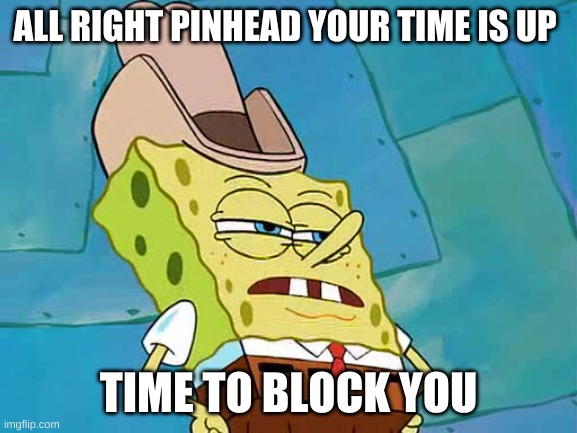 All right Pinhead your time is up | ALL RIGHT PINHEAD YOUR TIME IS UP TIME TO BLOCK YOU | image tagged in all right pinhead your time is up | made w/ Imgflip meme maker