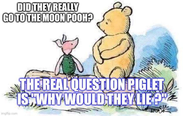 Poohsplaining | DID THEY REALLY GO TO THE MOON POOH? THE REAL QUESTION PIGLET IS "WHY WOULD THEY LIE ?" | image tagged in the moon | made w/ Imgflip meme maker