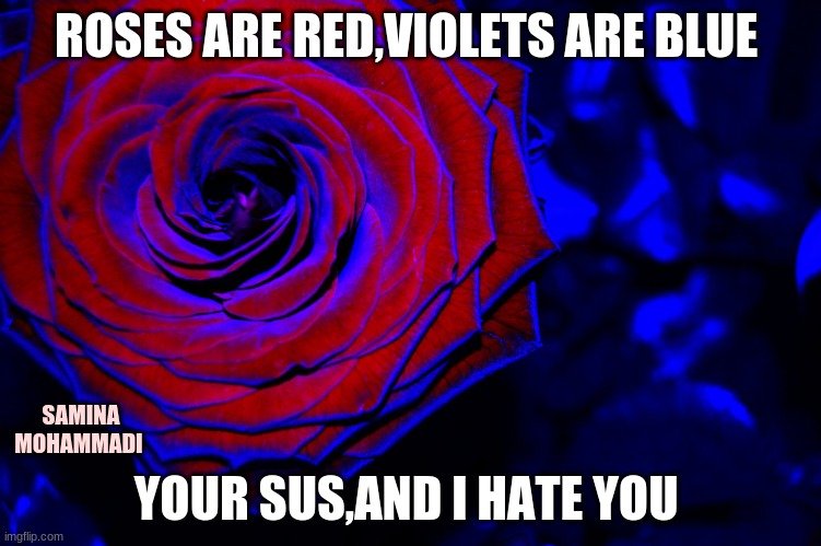 roses are red, violets are blue, | ROSES ARE RED,VIOLETS ARE BLUE; SAMINA MOHAMMADI; YOUR SUS,AND I HATE YOU | image tagged in roses are red violets are blue | made w/ Imgflip meme maker