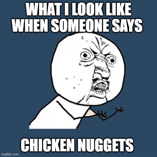 chicken nuggys | WHAT I LOOK LIKE WHEN SOMEONE SAYS; CHICKEN NUGGETS | image tagged in memes,y u no | made w/ Imgflip meme maker