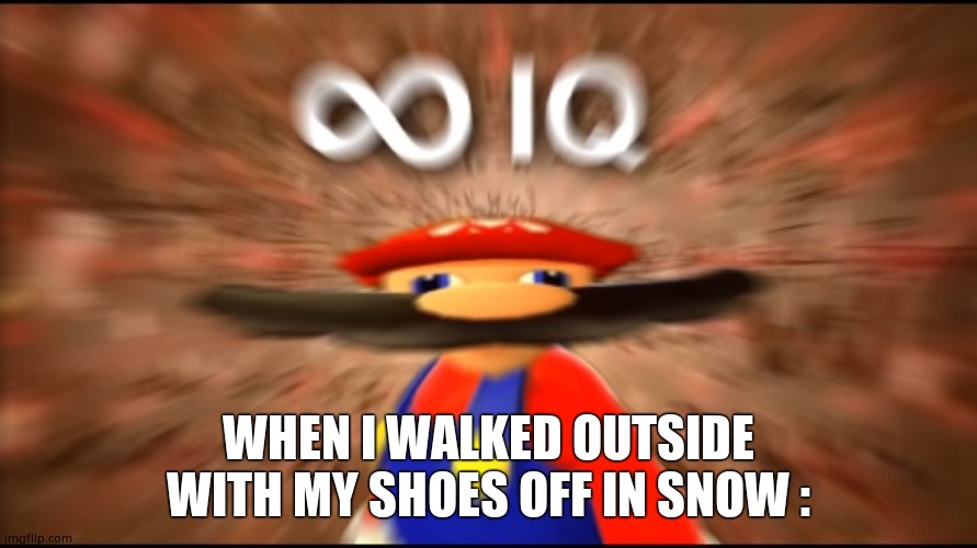 Infinity IQ Mario | WHEN I WALKED OUTSIDE WITH MY SHOES OFF IN SNOW : | image tagged in infinity iq mario | made w/ Imgflip meme maker