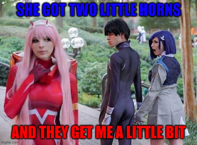 darling in the franxx | SHE GOT TWO LITTLE HORNS; AND THEY GET ME A LITTLE BIT | image tagged in darling in the franxx | made w/ Imgflip meme maker