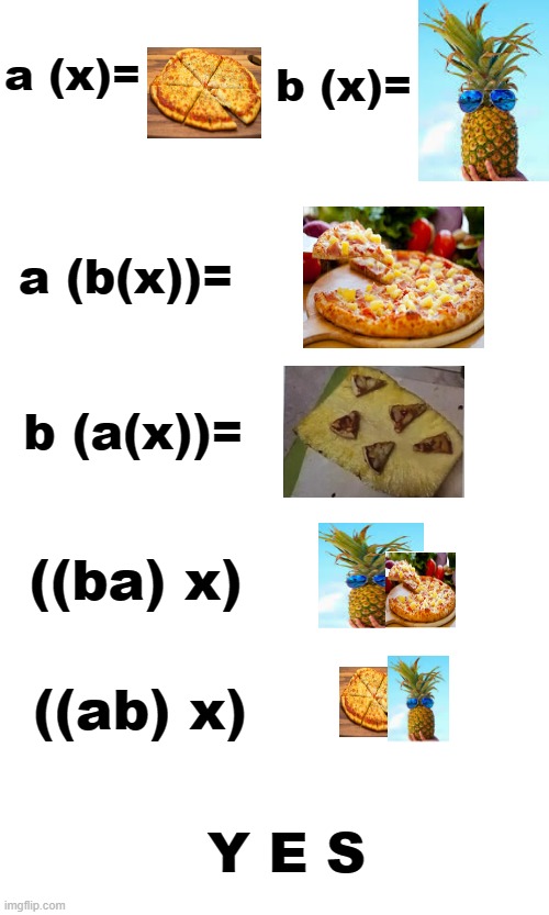 Any new combinations in comments, saw the idea in reddit. | b (x)=; a (x)=; a (b(x))=; b (a(x))=; ((ba) x); ((ab) x); Y E S | image tagged in memes,pizza,pineapple pizza,pineapple | made w/ Imgflip meme maker
