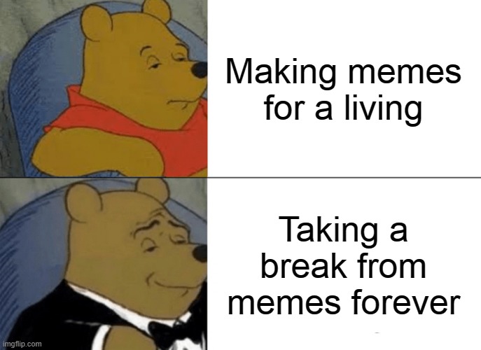 Seriously, why would someone do that?! | Making memes for a living; Taking a break from memes forever | image tagged in memes,tuxedo winnie the pooh,fun | made w/ Imgflip meme maker