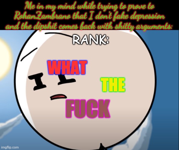 Seriously wtf was that dipshit thinkin'?! | Me in my mind while trying to prove to RohanZambrano that I don't fake depression and the dipshit comes back with shitty arguments: | image tagged in rank what the fu k | made w/ Imgflip meme maker