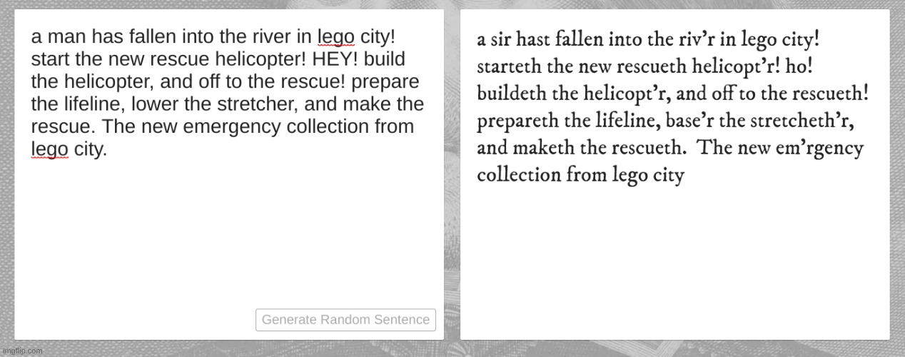 if shakespeare made the lego city ad... | image tagged in memes,funny,lego city,shakespeare,bruh | made w/ Imgflip meme maker