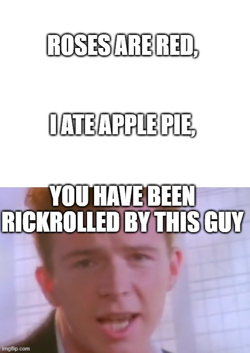 Never gonna... | ROSES ARE RED, I ATE APPLE PIE, YOU HAVE BEEN RICKROLLED BY THIS GUY | image tagged in blank white template | made w/ Imgflip meme maker