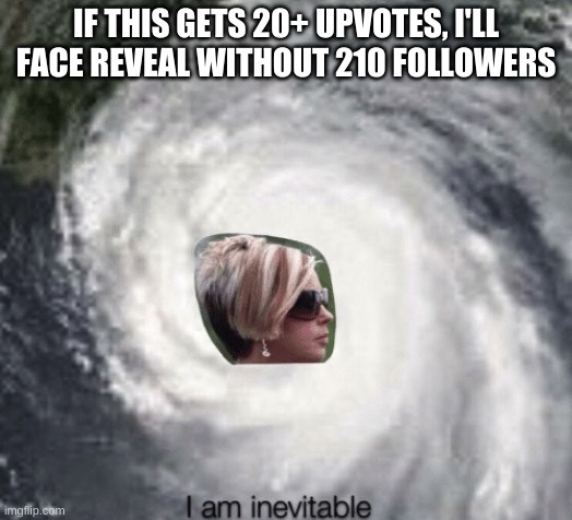 Karen I am inevitable | IF THIS GETS 20+ UPVOTES, I'LL FACE REVEAL WITHOUT 210 FOLLOWERS | image tagged in karen i am inevitable | made w/ Imgflip meme maker