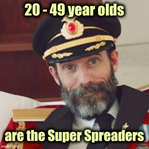 Well that narrows it down , thanks |  20 - 49 year olds; are the Super Spreaders | image tagged in captain obvious,talking heads,reading,no please you don't understand,i have no idea what i am doing | made w/ Imgflip meme maker