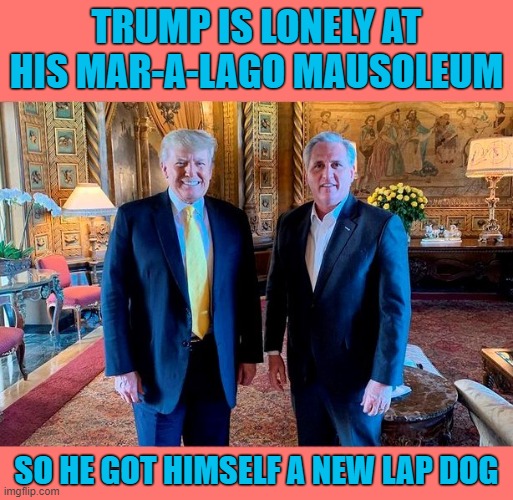 Lonely Former President Trump | TRUMP IS LONELY AT HIS MAR-A-LAGO MAUSOLEUM; SO HE GOT HIMSELF A NEW LAP DOG | image tagged in donald trump you're fired,kevin mccarthy,loser trump,lonely,forgotten,mar-a-lago | made w/ Imgflip meme maker
