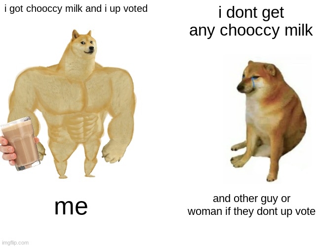 i got chooccy milk and i up voted i dont get any chooccy milk me and other guy or woman if they dont up vote | image tagged in memes,buff doge vs cheems | made w/ Imgflip meme maker