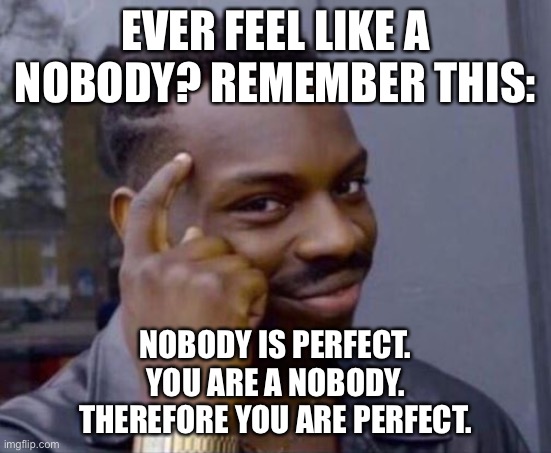 LOL | EVER FEEL LIKE A NOBODY? REMEMBER THIS:; NOBODY IS PERFECT.
YOU ARE A NOBODY.
THEREFORE YOU ARE PERFECT. | image tagged in black guy pointing at head,logic,funny,jokes | made w/ Imgflip meme maker