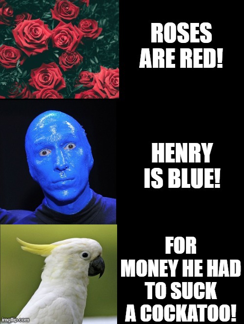 Roses Are Red! Henry Is Blue! | FOR MONEY HE HAD TO SUCK A COCKATOO! | image tagged in roses are red | made w/ Imgflip meme maker