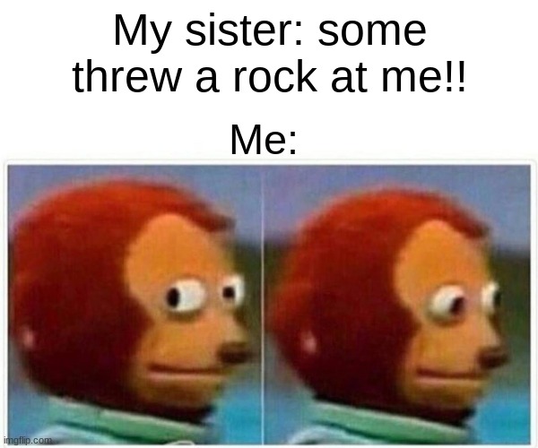 wasn't me | My sister: some threw a rock at me!! Me: | image tagged in memes,monkey puppet | made w/ Imgflip meme maker