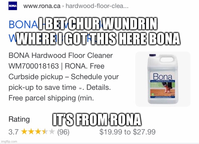 R u curious | I BET CHUR WUNDRIN WHERE I GOT THIS HERE BONA; IT’S FROM RONA | image tagged in memes,funny memes | made w/ Imgflip meme maker