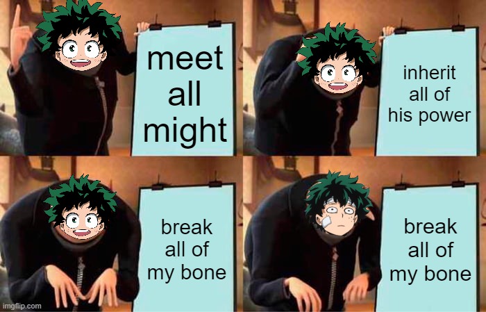 Gru's Plan | meet all might; inherit all of his power; break all of my bone; break all of my bone | image tagged in memes,gru's plan | made w/ Imgflip meme maker