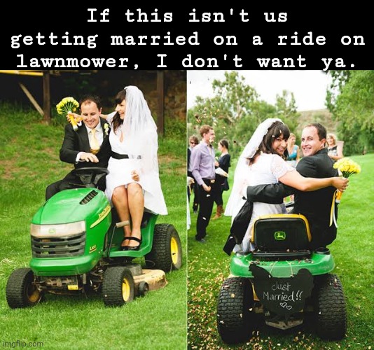 If this isn't us, I don't want ya. | If this isn't us getting married on a ride on lawnmower, I don't want ya. | image tagged in funny,funny memes,memes | made w/ Imgflip meme maker