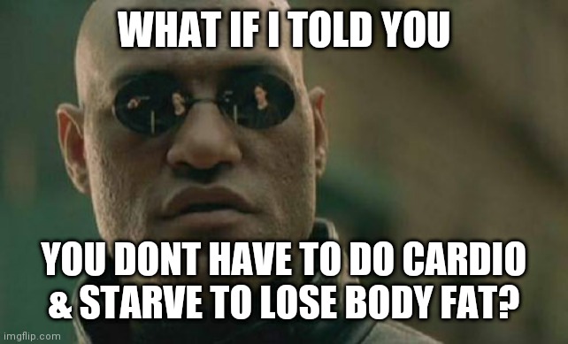 No cardio | WHAT IF I TOLD YOU; YOU DONT HAVE TO DO CARDIO & STARVE TO LOSE BODY FAT? | image tagged in memes,matrix morpheus | made w/ Imgflip meme maker