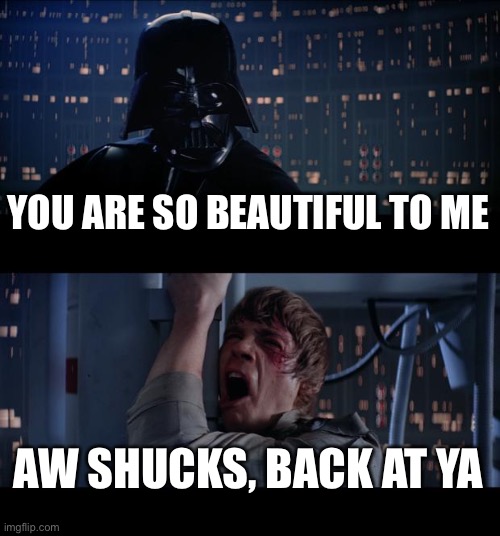 Real lurve | YOU ARE SO BEAUTIFUL TO ME; AW SHUCKS, BACK AT YA | image tagged in memes,star wars no | made w/ Imgflip meme maker