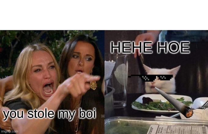 Woman Yelling At Cat | HEHE HOE; you stole my boi | image tagged in memes,woman yelling at cat | made w/ Imgflip meme maker