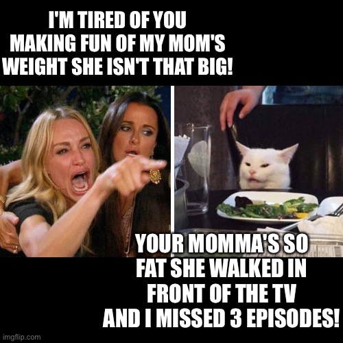 Your momma's so fat | I'M TIRED OF YOU MAKING FUN OF MY MOM'S WEIGHT SHE ISN'T THAT BIG! YOUR MOMMA'S SO FAT SHE WALKED IN FRONT OF THE TV AND I MISSED 3 EPISODES! | image tagged in smudge the cat | made w/ Imgflip meme maker