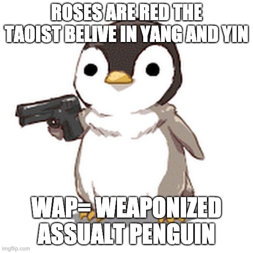Wap | ROSES ARE RED THE TAOIST BELIVE IN YANG AND YIN; WAP= WEAPONIZED ASSUALT PENGUIN | image tagged in funny,memes,penguin,gun,wap | made w/ Imgflip meme maker