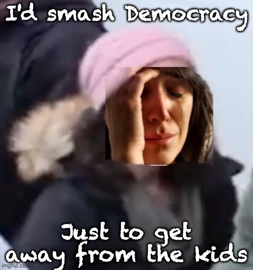 Pink Hat Lady arrested: maybe now she can take a break | I'd smash Democracy; Just to get away from the kids | image tagged in modern maga problems | made w/ Imgflip meme maker