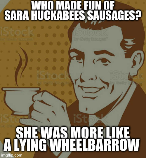 comparing women to cars only ends tragicallyunhip | WHO MADE FUN OF SARA HUCKABEES SAUSAGES? SHE WAS MORE LIKE A LYING WHEELBARROW | image tagged in mug approval,sad,canada | made w/ Imgflip meme maker