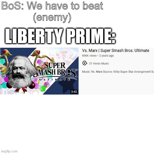 EMBRACE DEMOCRACY | BoS: We have to beat
(enemy); LIBERTY PRIME: | image tagged in memes,blank transparent square | made w/ Imgflip meme maker