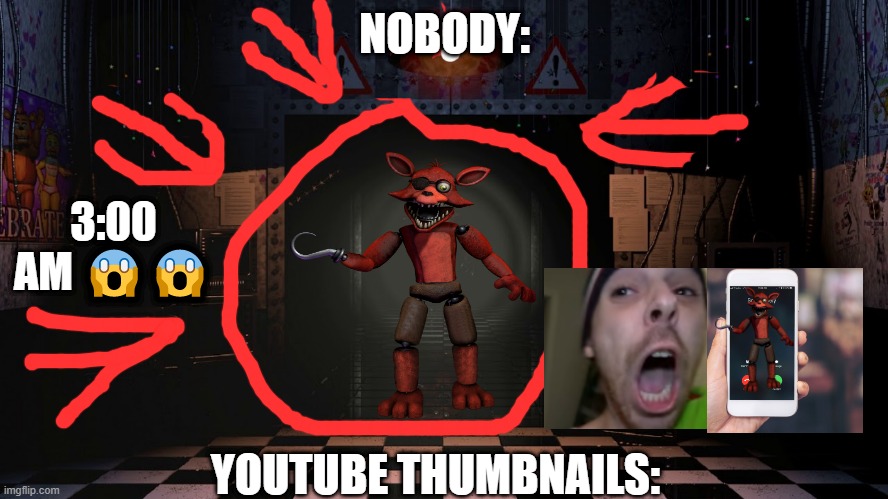 NOBODY:; 3:00 AM 😱😱; YOUTUBE THUMBNAILS: | image tagged in youtuber,youtube,fnaf | made w/ Imgflip meme maker