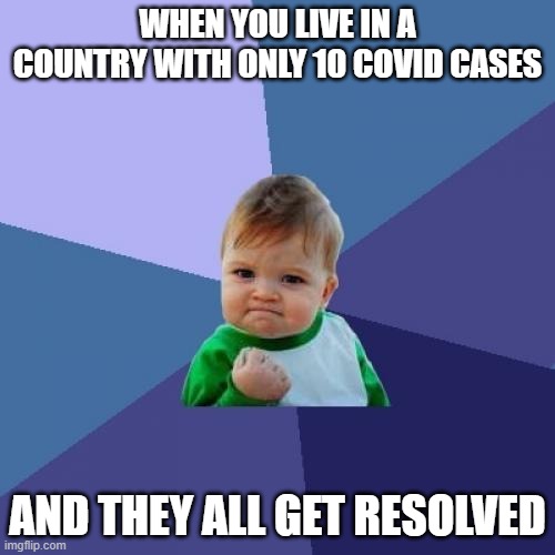 No covid at all | WHEN YOU LIVE IN A COUNTRY WITH ONLY 10 COVID CASES; AND THEY ALL GET RESOLVED | image tagged in memes,success kid | made w/ Imgflip meme maker