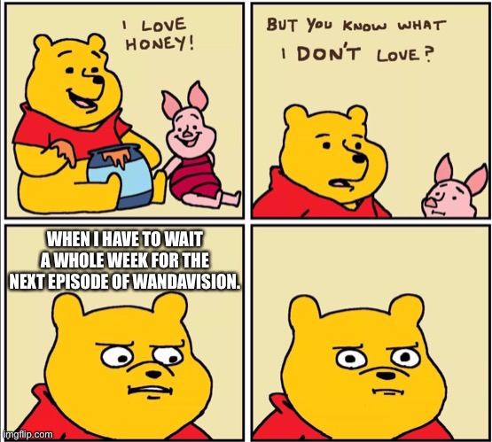 Why Disney+? WHY?! |  WHEN I HAVE TO WAIT A WHOLE WEEK FOR THE NEXT EPISODE OF WANDAVISION. | image tagged in serious winnie the pooh,wandavision | made w/ Imgflip meme maker
