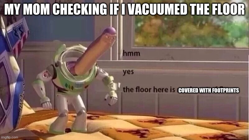 relateable,right? | MY MOM CHECKING IF I VACUUMED THE FLOOR; COVERED WITH FOOTPRINTS | image tagged in hmmm yes | made w/ Imgflip meme maker