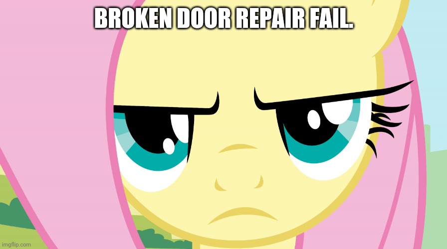 Fluttershy Not Amused (MLP) | BROKEN DOOR REPAIR FAIL. | image tagged in fluttershy not amused mlp | made w/ Imgflip meme maker