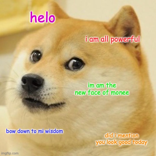 all powerful doge | helo; i am all powerful; im am the new face of monee; bow down to mi wisdom; did i mention you look good today | image tagged in memes,doge,wisdom | made w/ Imgflip meme maker
