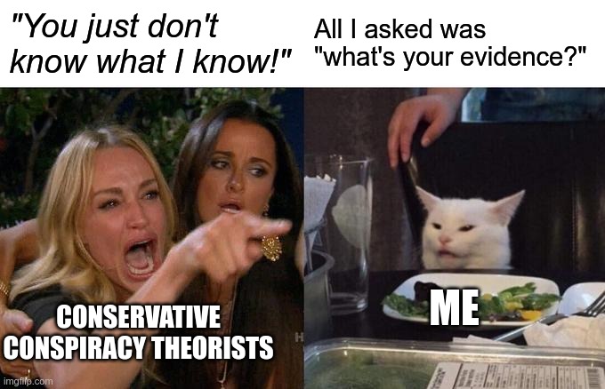 I love it when they make a claim and I ask for evidence yet they fail to provide any and instead make more absurd claims | "You just don't know what I know!"; All I asked was "what's your evidence?"; ME; CONSERVATIVE CONSPIRACY THEORISTS | image tagged in memes,woman yelling at cat,conservative logic,conspiracy theorists,when i ask for evidence | made w/ Imgflip meme maker