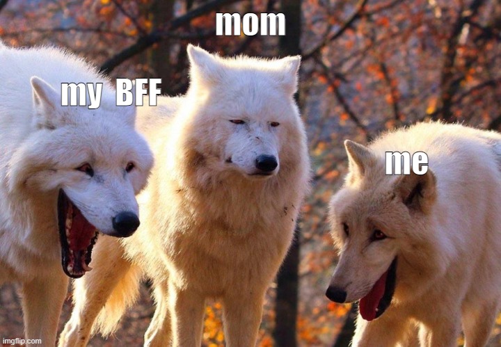 when you run into yo friend at the store | mom; my  BFF; me | image tagged in 2/3 wolves laugh | made w/ Imgflip meme maker