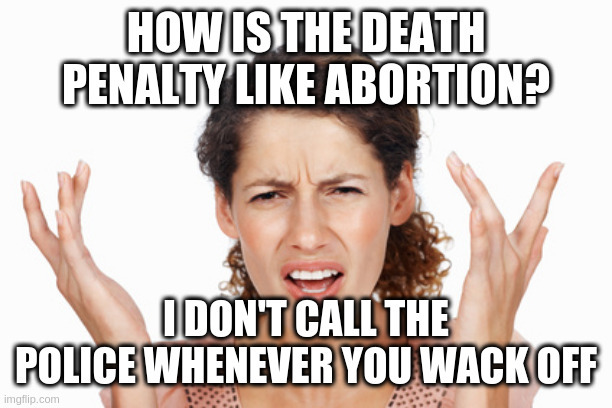 Indignant | HOW IS THE DEATH PENALTY LIKE ABORTION? I DON'T CALL THE POLICE WHENEVER YOU WACK OFF | image tagged in indignant | made w/ Imgflip meme maker
