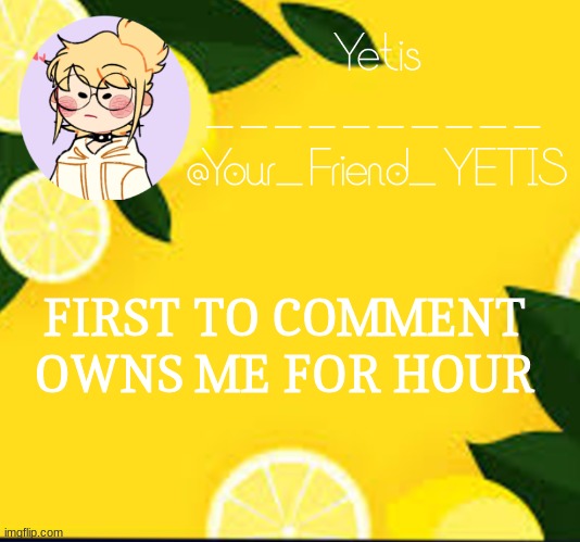 hehe | FIRST TO COMMENT OWNS ME FOR HOUR | image tagged in yetis and lemons | made w/ Imgflip meme maker