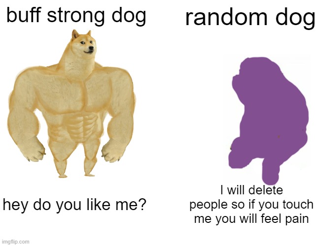 Buff Doge vs. Cheems | buff strong dog; random dog; hey do you like me? I will delete people so if you touch me you will feel pain | image tagged in memes,buff doge vs cheems | made w/ Imgflip meme maker