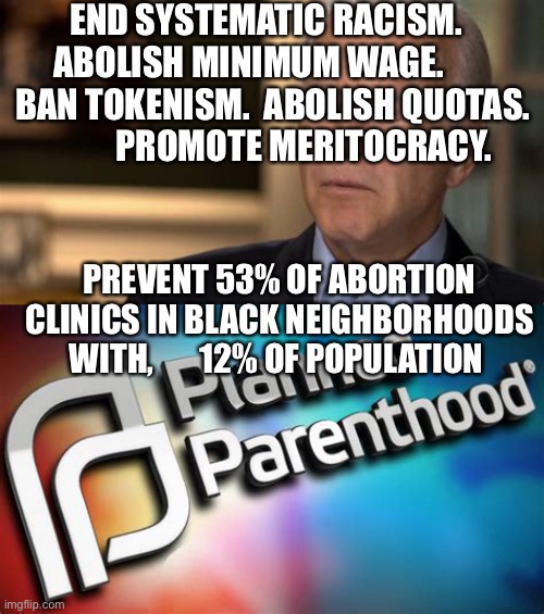 Prevent systemic racism of Democrats | END SYSTEMATIC RACISM.   ABOLISH MINIMUM WAGE.        BAN TOKENISM.  ABOLISH QUOTAS.           PROMOTE MERITOCRACY. PREVENT 53% OF ABORTION CLINICS IN BLACK NEIGHBORHOODS WITH,       12% OF POPULATION | image tagged in sleepy joe,racism,system,democrats | made w/ Imgflip meme maker