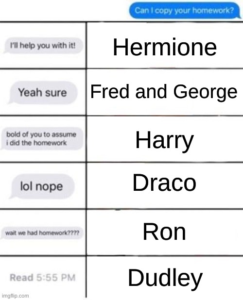 Reaction to "Can I copy your homework?" | Hermione; Fred and George; Harry; Draco; Ron; Dudley | image tagged in reaction to can i copy your homework | made w/ Imgflip meme maker