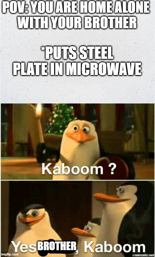 POV: YOU ARE HOME ALONE
 WITH YOUR BROTHER; *PUTS STEEL PLATE IN MICROWAVE; BROTHER | image tagged in kaboom yes rico kaboom | made w/ Imgflip meme maker