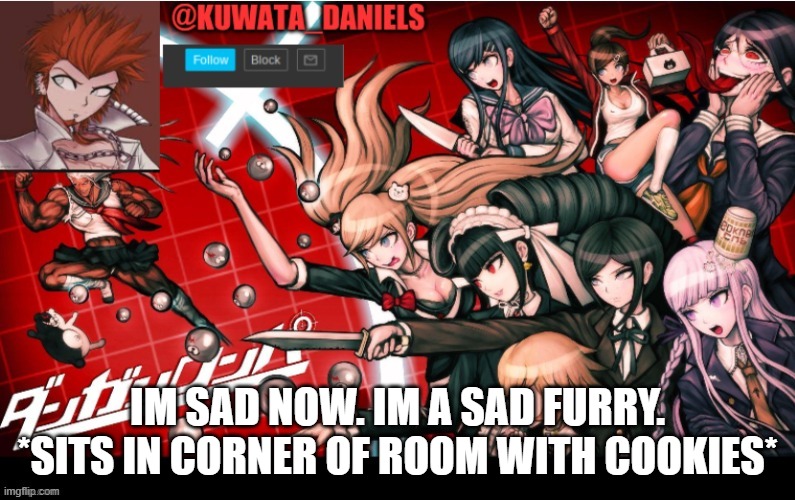 DONT cheer me up. Please | IM SAD NOW. IM A SAD FURRY. *SITS IN CORNER OF ROOM WITH COOKIES* | made w/ Imgflip meme maker