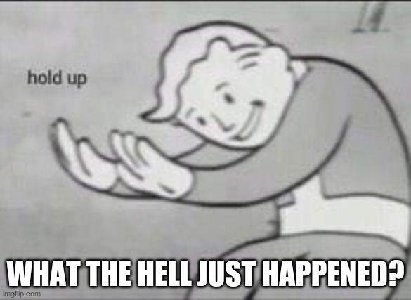 Fallout Hold Up | WHAT THE HELL JUST HAPPENED? | image tagged in fallout hold up | made w/ Imgflip meme maker