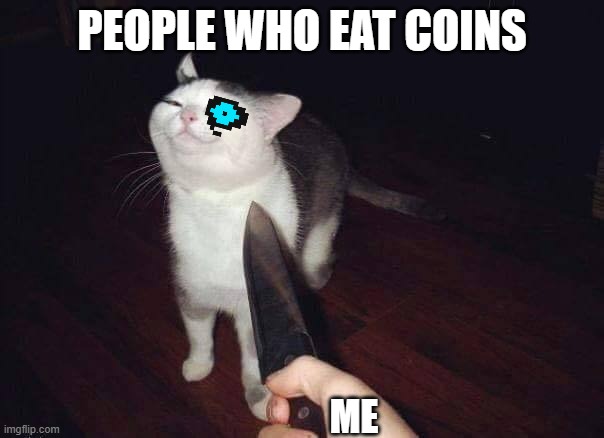 Smug cat knife | PEOPLE WHO EAT COINS; ME | image tagged in smug cat knife | made w/ Imgflip meme maker