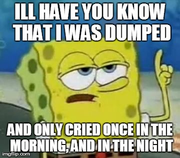 I'll Have You Know Spongebob Meme | ILL HAVE YOU KNOW THAT I WAS DUMPED AND ONLY CRIED ONCE IN THE MORNING, AND IN THE NIGHT | image tagged in memes,ill have you know spongebob | made w/ Imgflip meme maker